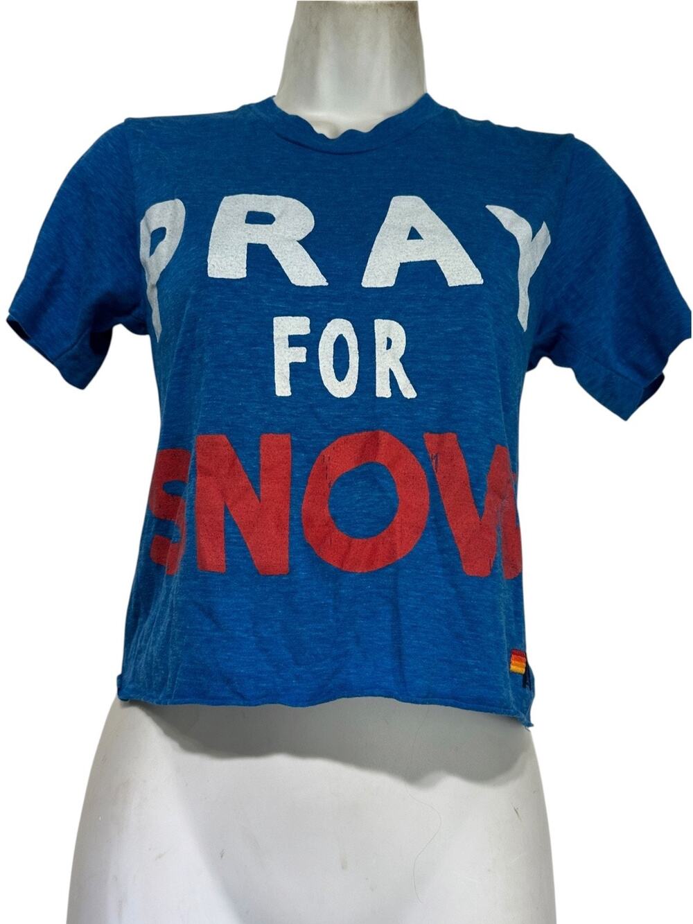 Aviator Nation Women’s Size XS Pray For Snow Graphic Blue Boyfriend Crop Shirt
